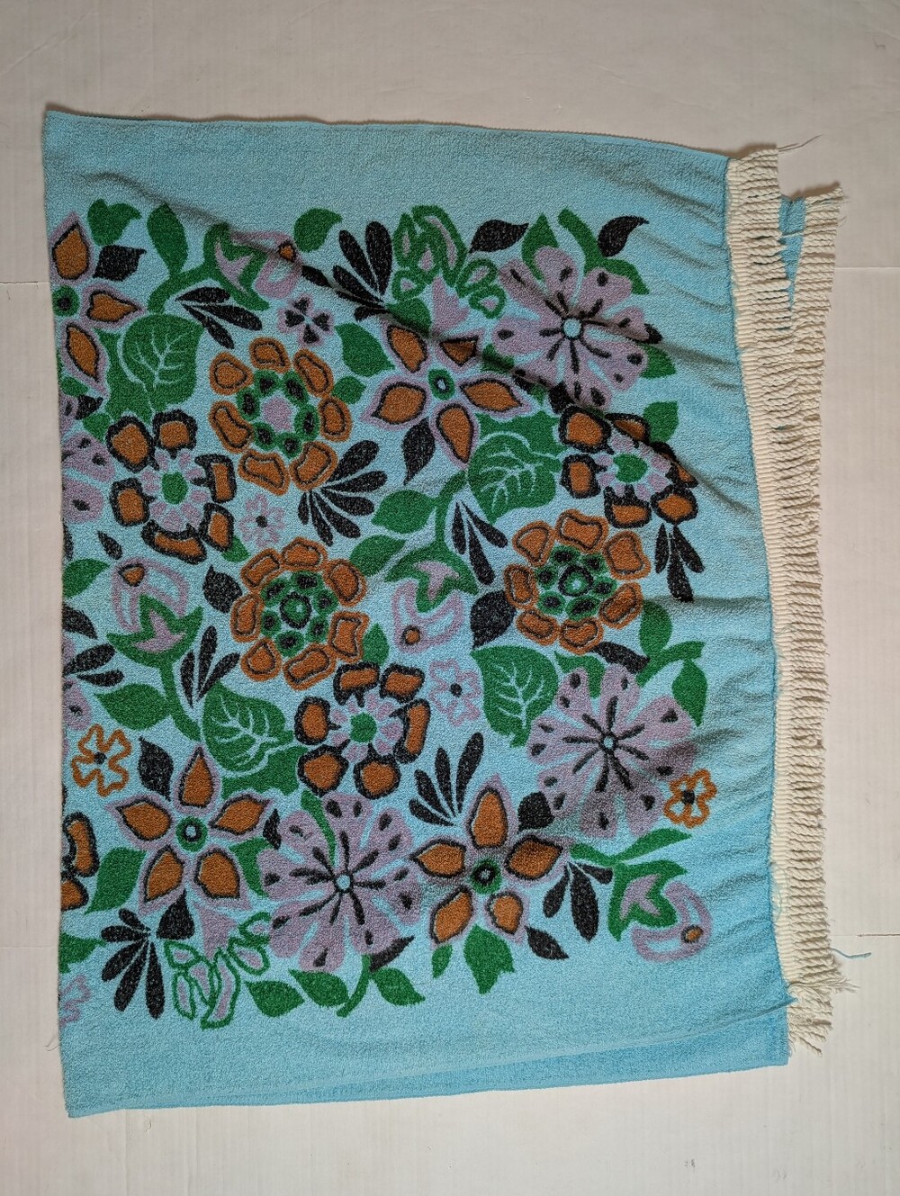 Vintage Bath Beach Towel Turquoise Flowers & Fringes